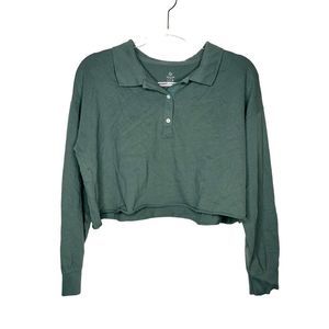 Aerie Offline Green Long Sleeve Cropped Polo Top Size Small